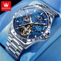 Reloj automático OLEVS con esfera esqueleto de volante para hombre, reloj de pulsera mecánico de negocios, impermeable, con diseño de cielo estrellado y luminiscente