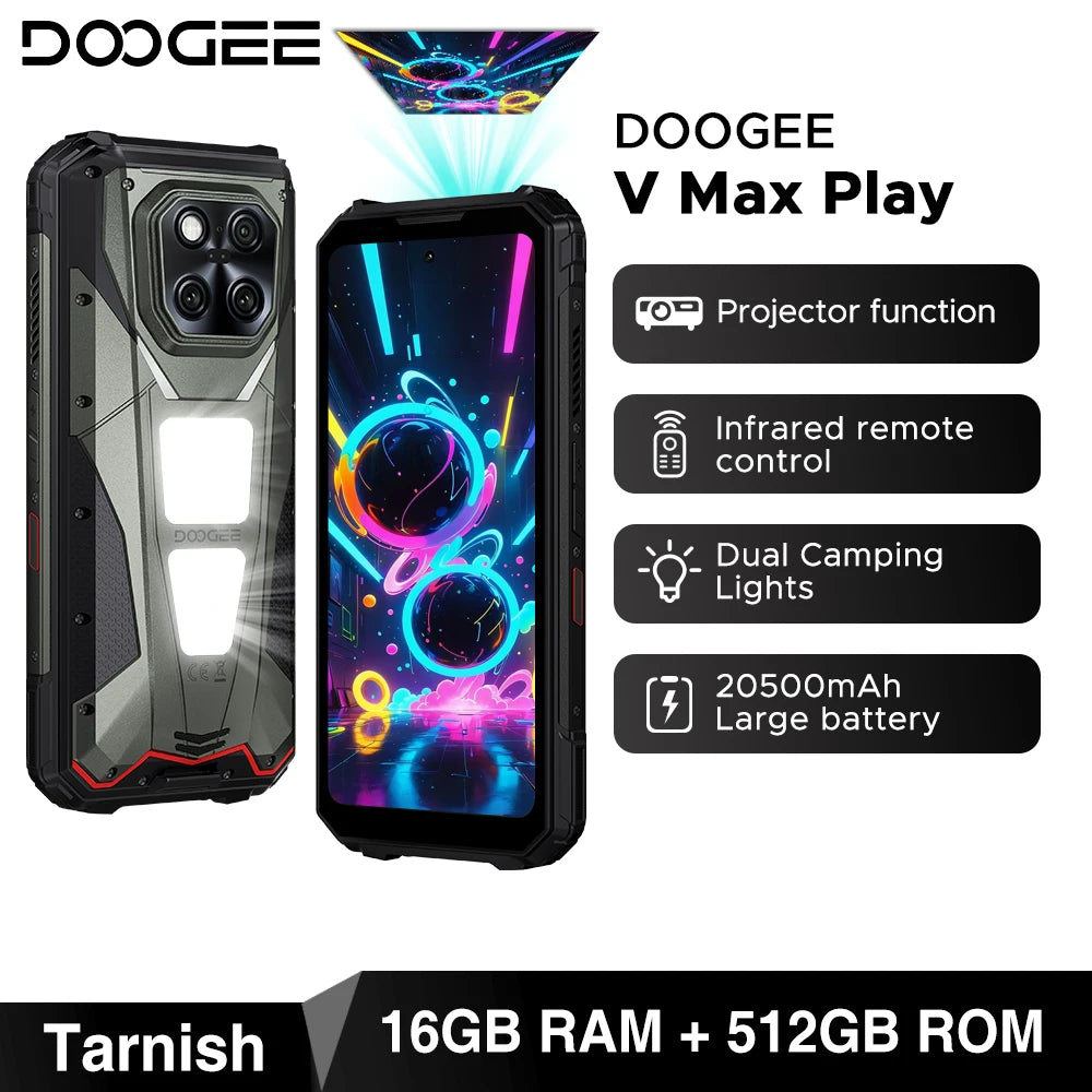 Estreno mundial del smartphone ultra resistente DOOGEE V Max Play 5G con proyector, 20500mAh, luces de camping duales, Dimensity 7300, 16GB+512GB y NFC