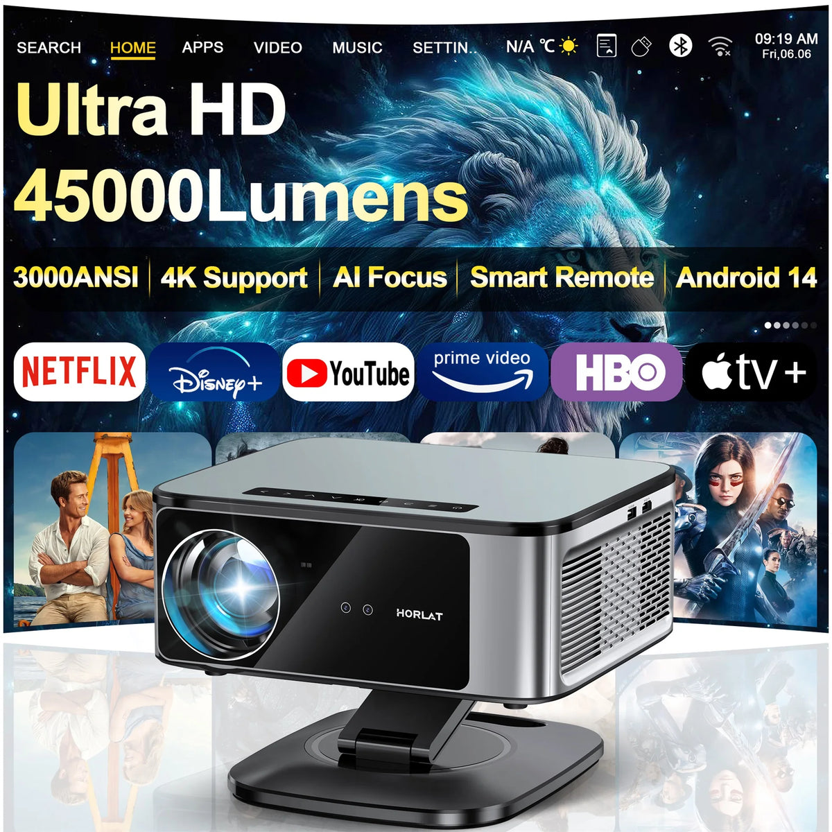 Proyector HORLAT 2026 de 45000 Lúmenes 4K Ultra HD con Enfoque TOF, Android 14, WiFi 6, 1080P Full HD, Proyector de Cine en Casa con Luz Diurna