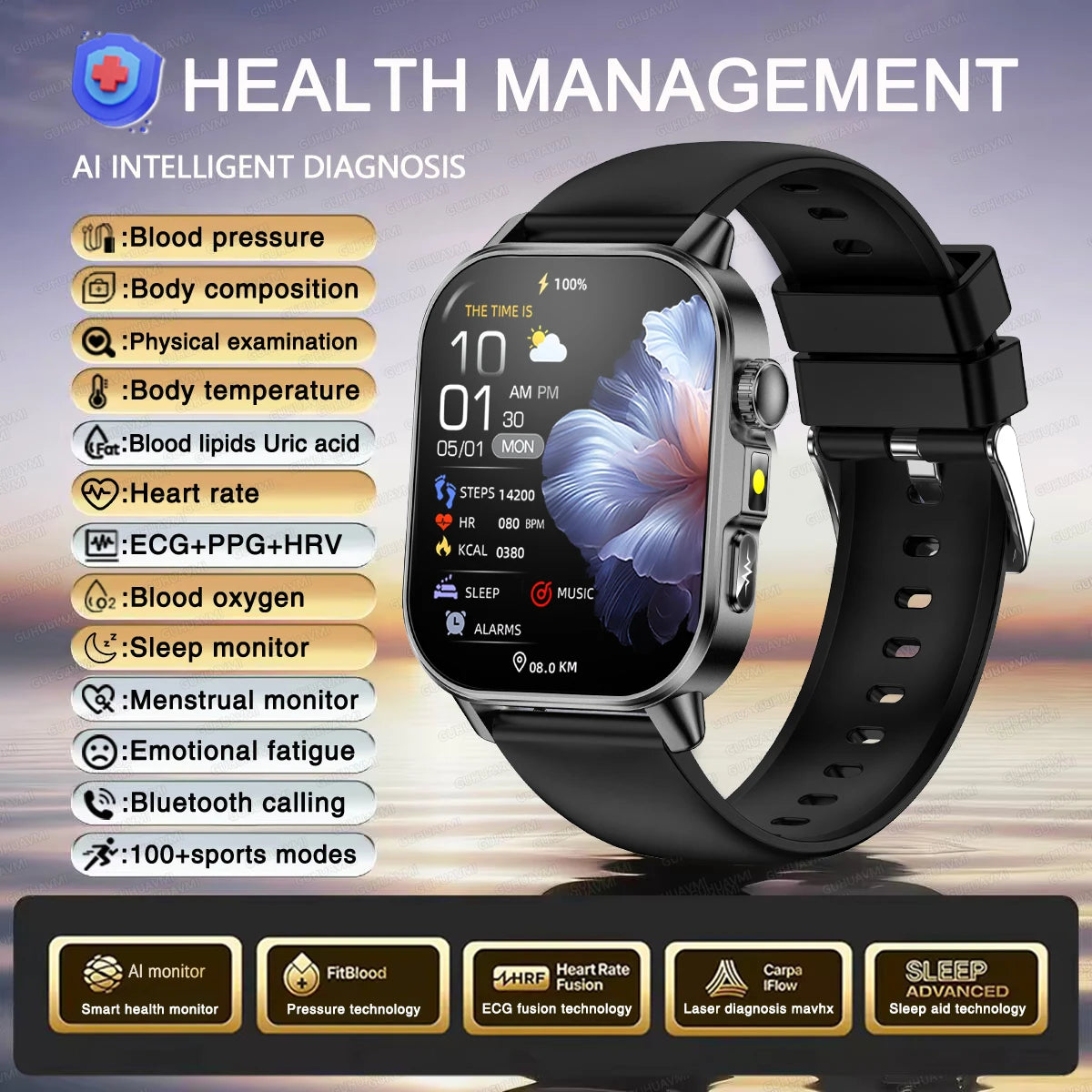 2026 Nuevo y preciso diagnóstico Reloj inteligente ECG oxígeno en sangre PA Ácido úrico Lípidos Salud HD AMOLED Pantalla para llamadas Reloj inteligente Hombres Mujeres