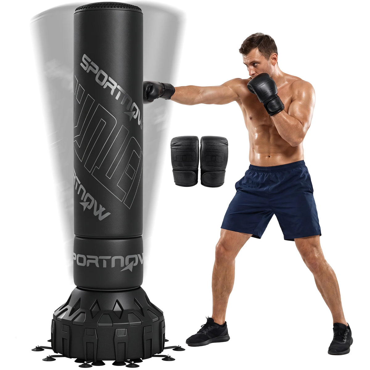 Saco de Boxeo Independiente de 180 cm con Base Recargable, Entrenador de Boxeo Resistente con Base de Ventosas, Sistema de Absorción de Impactos y Guantes de Boxeo para Adultos, Gimnasio en Casa, Entrenamiento de MMA, Kickbo
