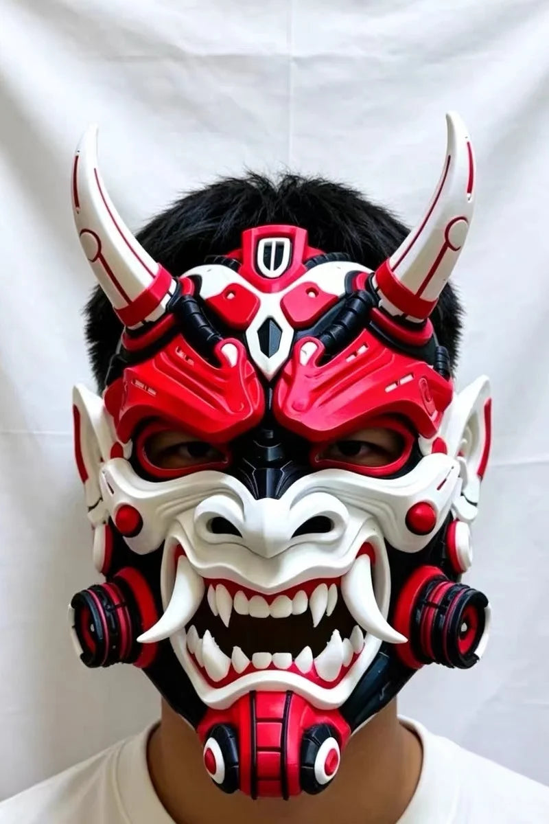 Máscara Genérica de Demonio Oni Cyberpunk para Disfraz de Halloween, Accesorio de Cosplay, Máscara Hannya de Samurai Roja, Blanca y Negra para Fiesta