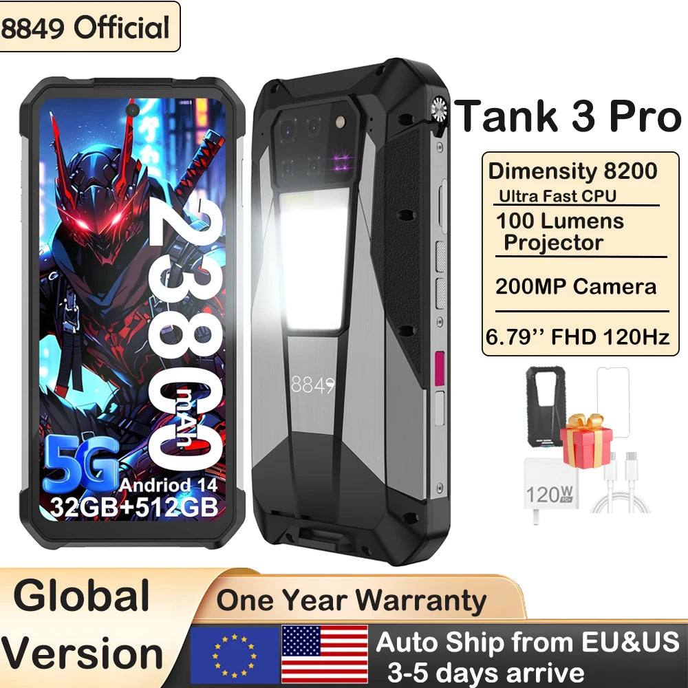 Teléfono Móvil Unihertz Tank 3 Pro, Resistente, con Proyector, Android 5G, 23800mAh, 512GB, 36GB RAM, Cámara de 200 MP, Dimensity 8300