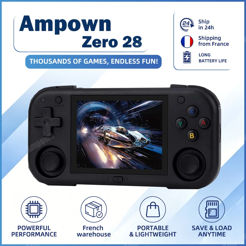 Ampown Mini Zero 28 Consola de Juegos Retro de Bolsillo, Pantalla IPS OCA de 2.8", Consola Portátil Android, 2900mAh, 64GB, ERO28, Regalo