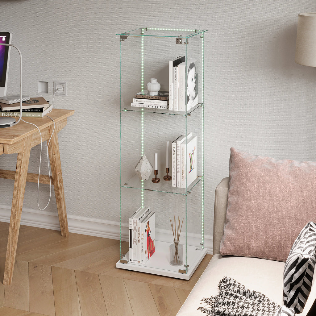 Glass Display Cabinet with LED Lighting, Standing Glass Display Cabinet with 3 Glass Shelves and 2 Glass Doors, Lockable, Display Cabinet for Living Room, Office, Collectibles, Books, Wine, White