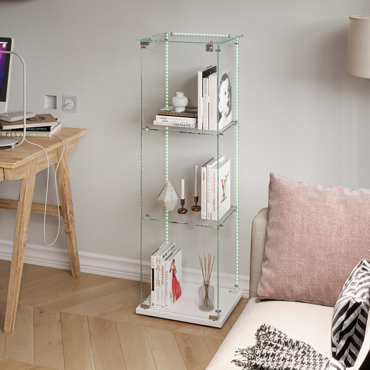 Glass Display Cabinet with LED Lighting, Standing Glass Display Cabinet with 3 Glass Shelves and 2 Glass Doors, Lockable, Display Cabinet for Living Room, Office, Collectibles, Books, Wine, White