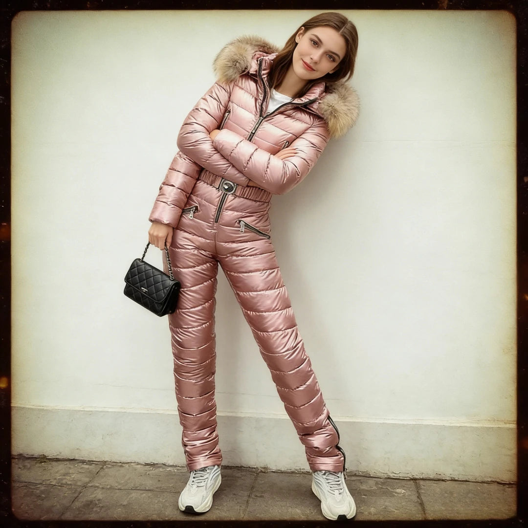 Traje de esquí de una pieza para mujer, grueso, de invierno, para nieve, con capucha, cálido, de algodón, ajustado, brillante, para deportes al aire libre