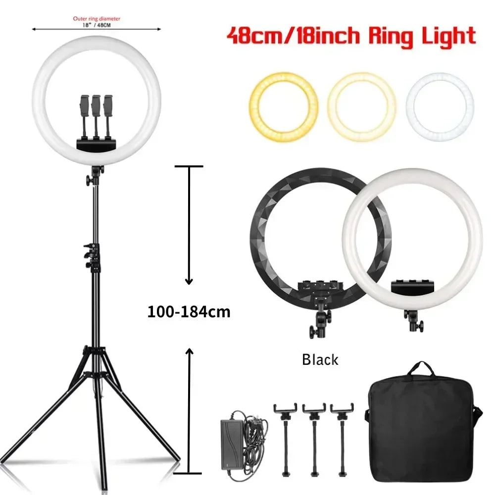 Aro de Luz LED de 45CM / 18 Pulgadas con Diferentes Estilos de Trípode o Soporte o Sin Soporte, Aro de Luz LED Grande de 18 Pulgadas con Control Remoto, Trípode, Soporte para Teléfono, Iluminación para Transmisiones en Vi