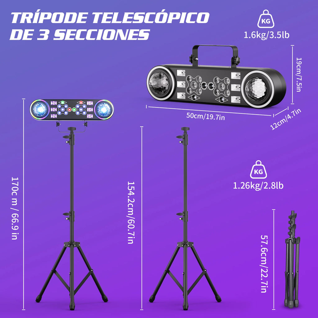 Kit de 2 soportes para luces de efectos 7 en 1, luces LED RGBW con bolsa, bola mágica, luz de efecto de haz, control remoto, luces de DJ para fiestas y discotecas
