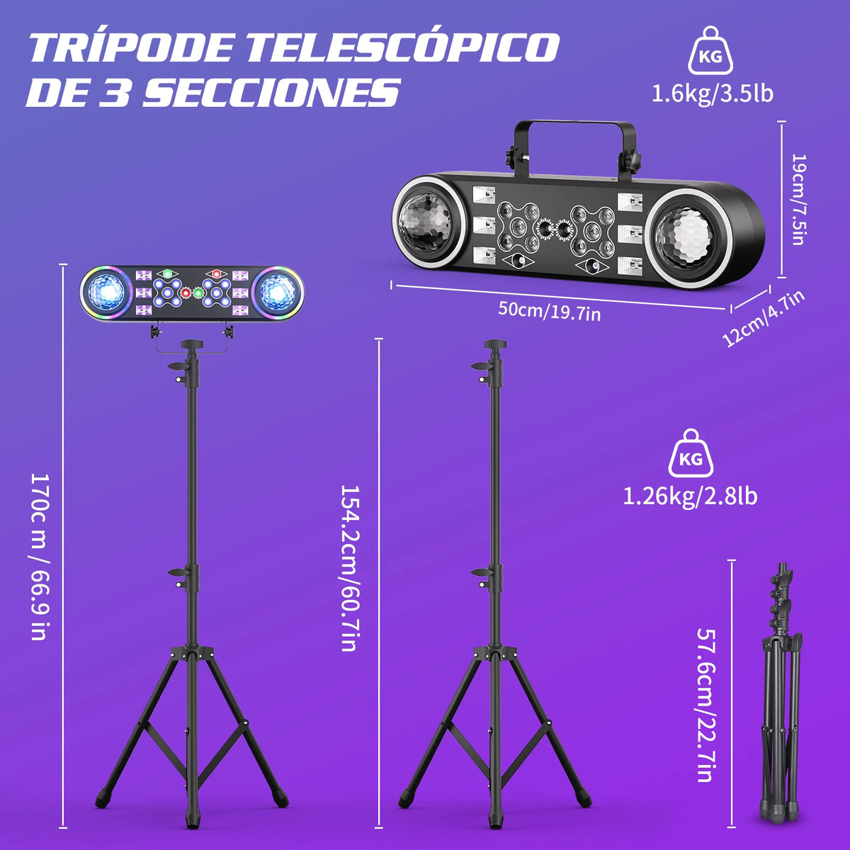 Kit de 2 soportes para luces de efectos 7 en 1, luces LED RGBW con bolsa, bola mágica, luz de efecto de haz, control remoto, luces de DJ para fiestas y discotecas