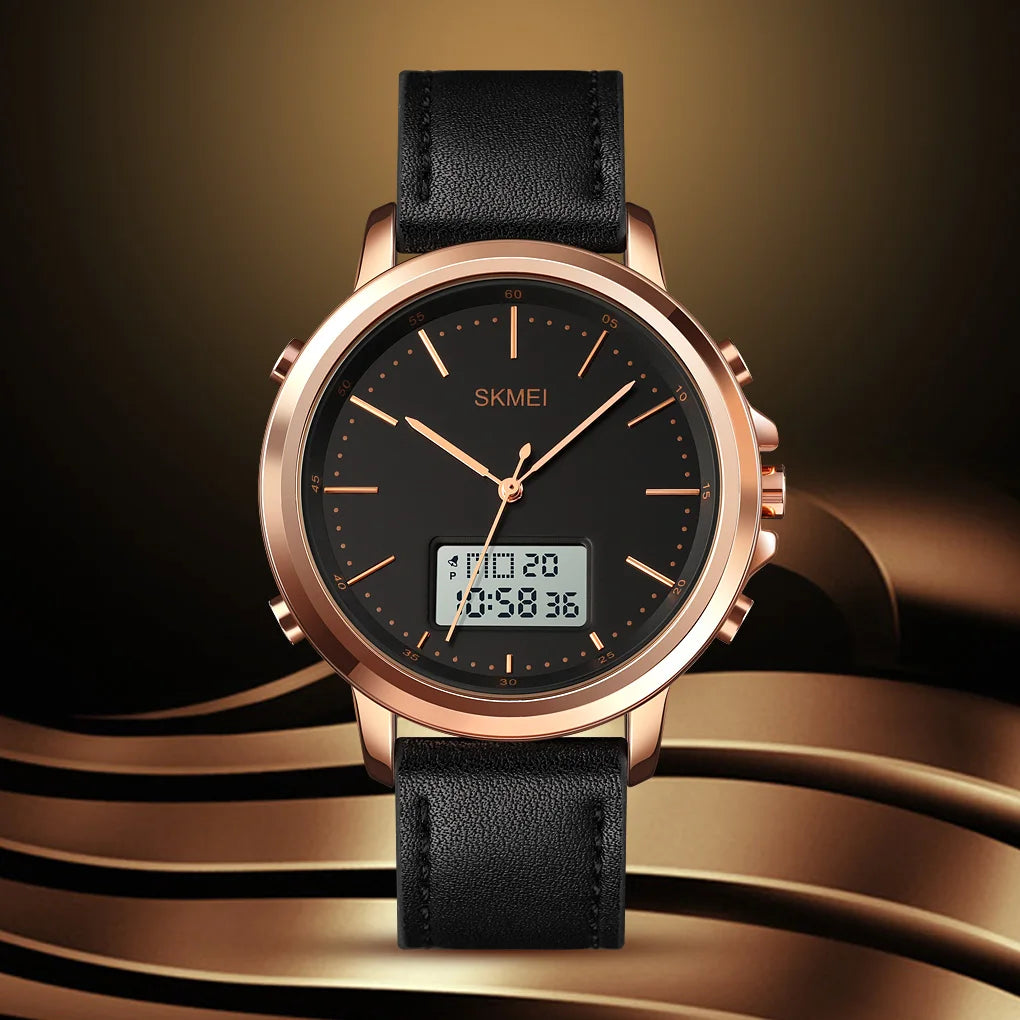 SKMEI 1652 Reloj impermeable con correa de cuero para hombre, reloj de pulsera digital, cronógrafo, alarma, pantalla dual, informal