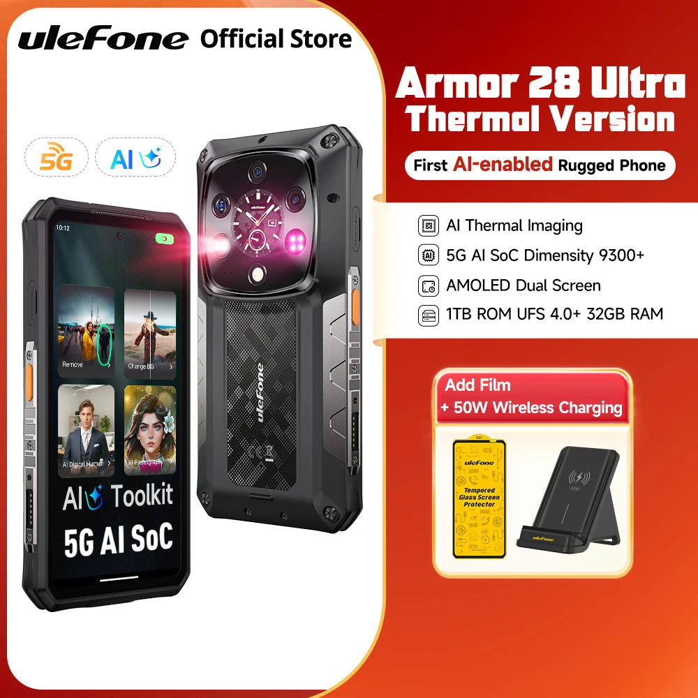 Teléfono resistente Ulefone Armor 28 Ultra 5G con cámara térmica, procesador MTK Dimensity 9300+, pantalla AMOLED, smartphone Android con 1 TB de ROM