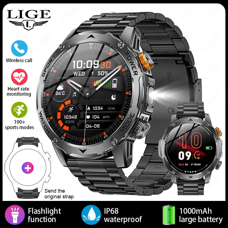 LIGE Nuevo reloj inteligente para hombre con batería de gran capacidad de 1000 mAh, linterna exterior, llamadas Bluetooth, resistente al agua, reloj inteligente deportivo de fitness