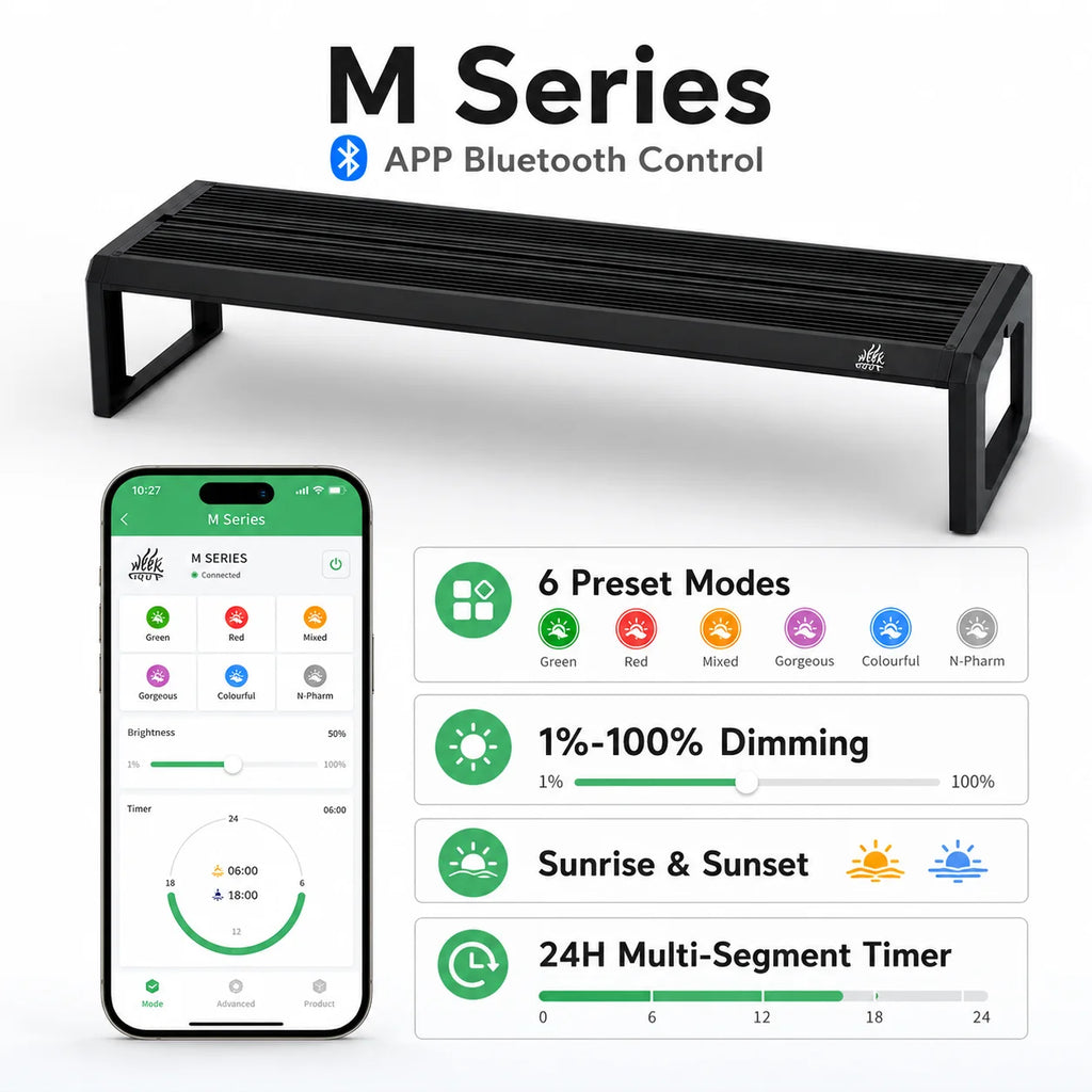Lámpara LED de espectro completo RGB+UV WEEK AQUA serie M V3 con soporte extensible, control por APP para acuarios plantados y peceras