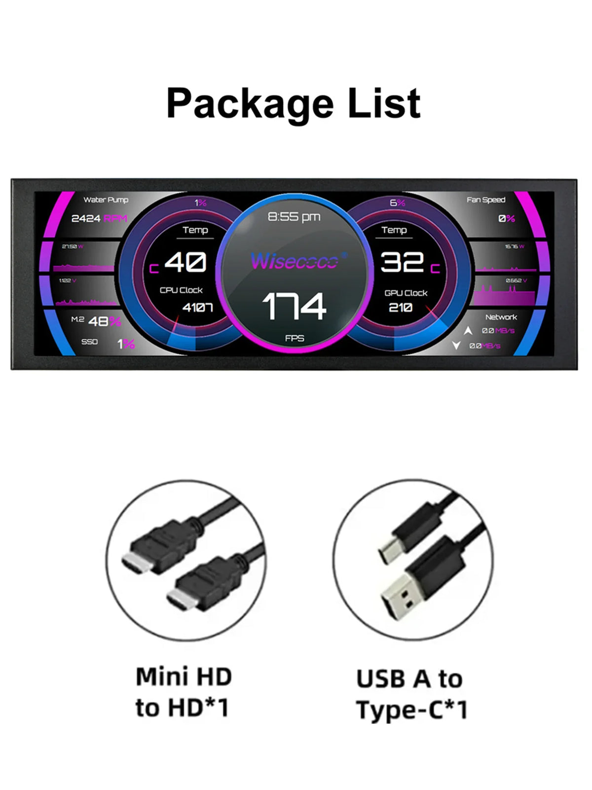 Mini Monitor HD de 7,84 pulgadas USB-C IPS pantalla LCD de barra estirada para ordenador portátil Aida64 CPU GPU monitoreo pantalla secundaria