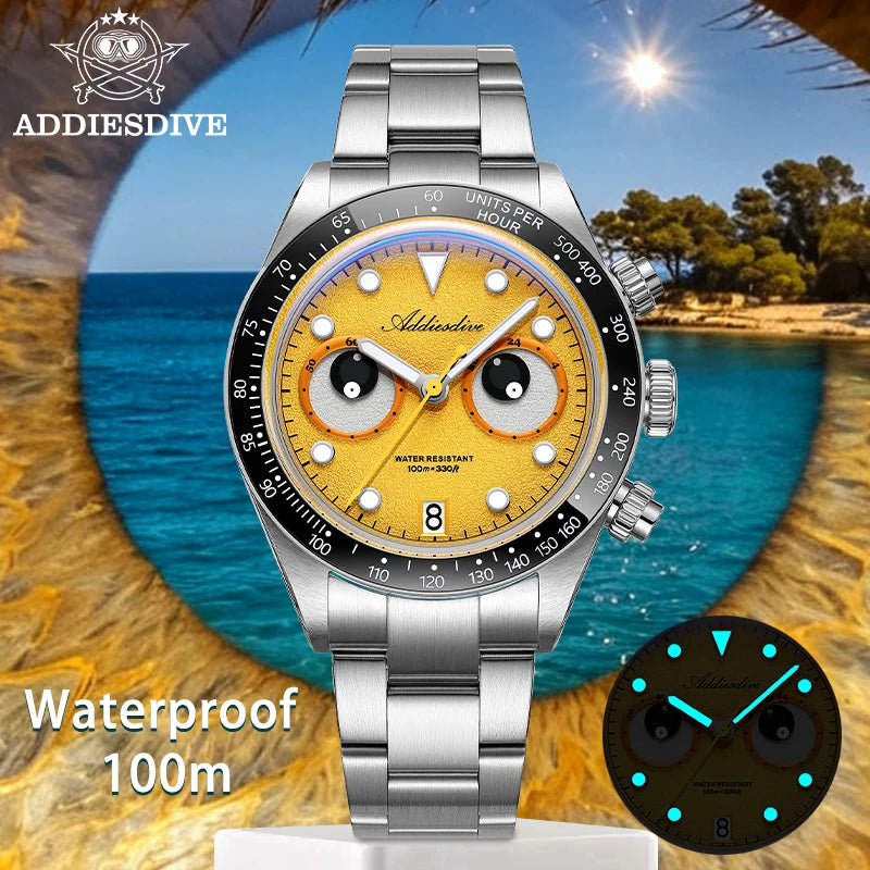 Reloj de lujo para hombre ADDIESDIVE AD2557 con esfera divertida, cronógrafo Meca-Quartz VK64, bisel de cerámica de 40 mm, luminiscencia BGW9 y resistente al agua hasta 100 m