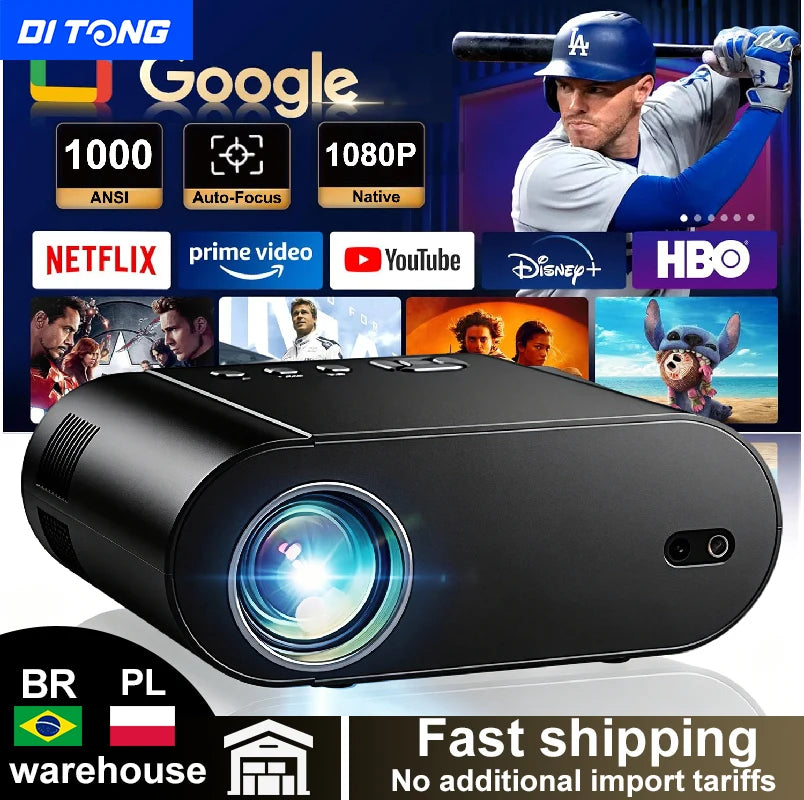 Proyector DITONG L007 4K Android con WiFi 6 Dual y Bluetooth, Keystone Automático, Enfoque Automático, Cine en Casa, Proyector HD Nativo 1080P