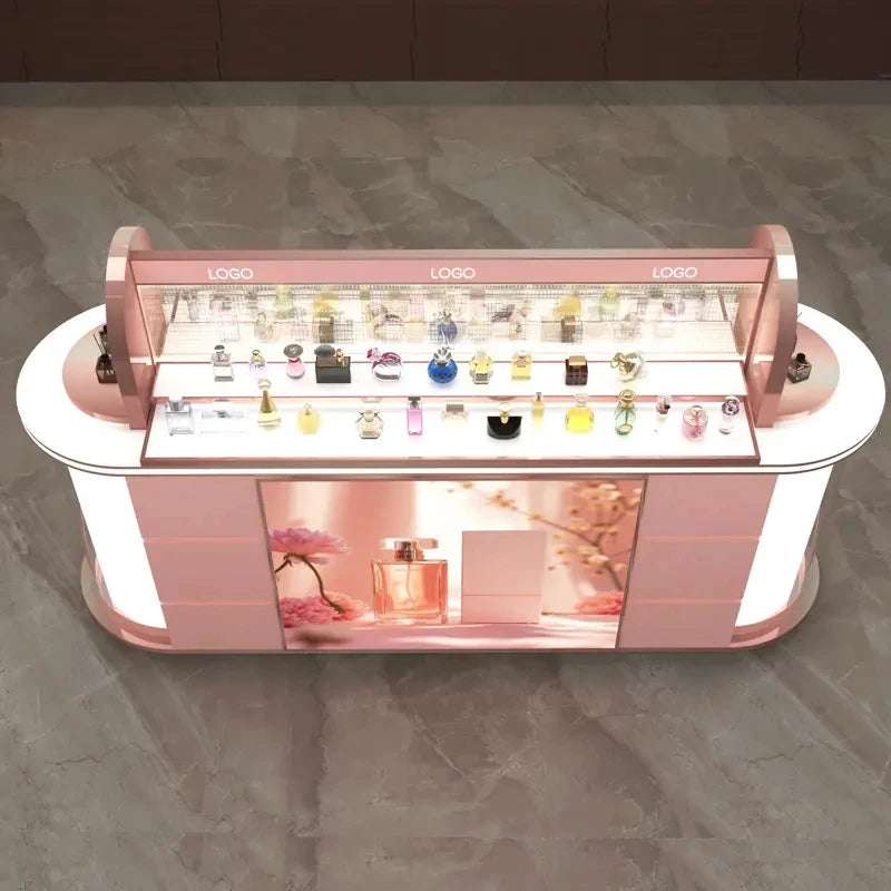 Vitrina de pared moderna de lujo con iluminación LED y estantes de vidrio para exhibición de cosméticos y perfumes