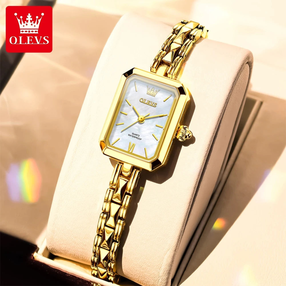 Reloj de pulsera analógico de cuarzo para mujer OLEVS, elegante, rectangular, de acero inoxidable, con brazalete dorado