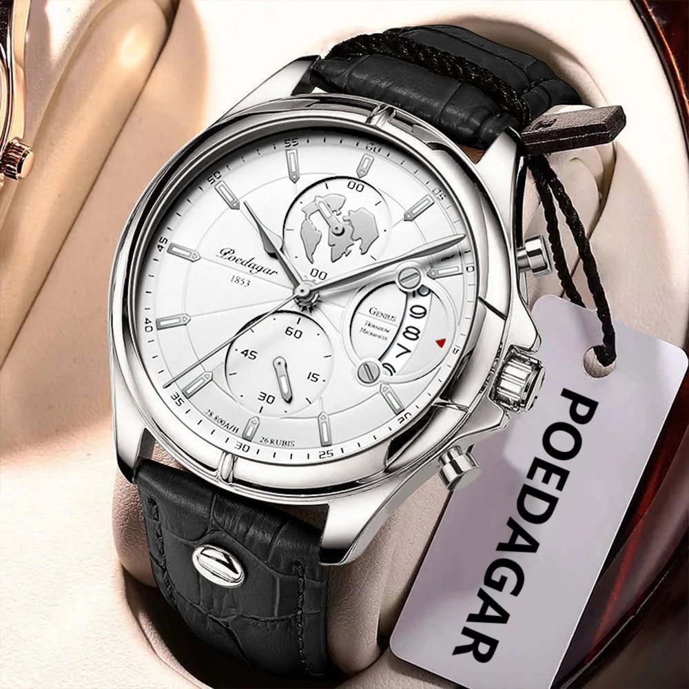 POEDAGAR Reloj de Pulsera de Lujo para Hombre Cronógrafo Fecha Impermeable Cuero Relojes de Cuarzo Casuales para Hombre Reloj Deportivo Masculino Reloj