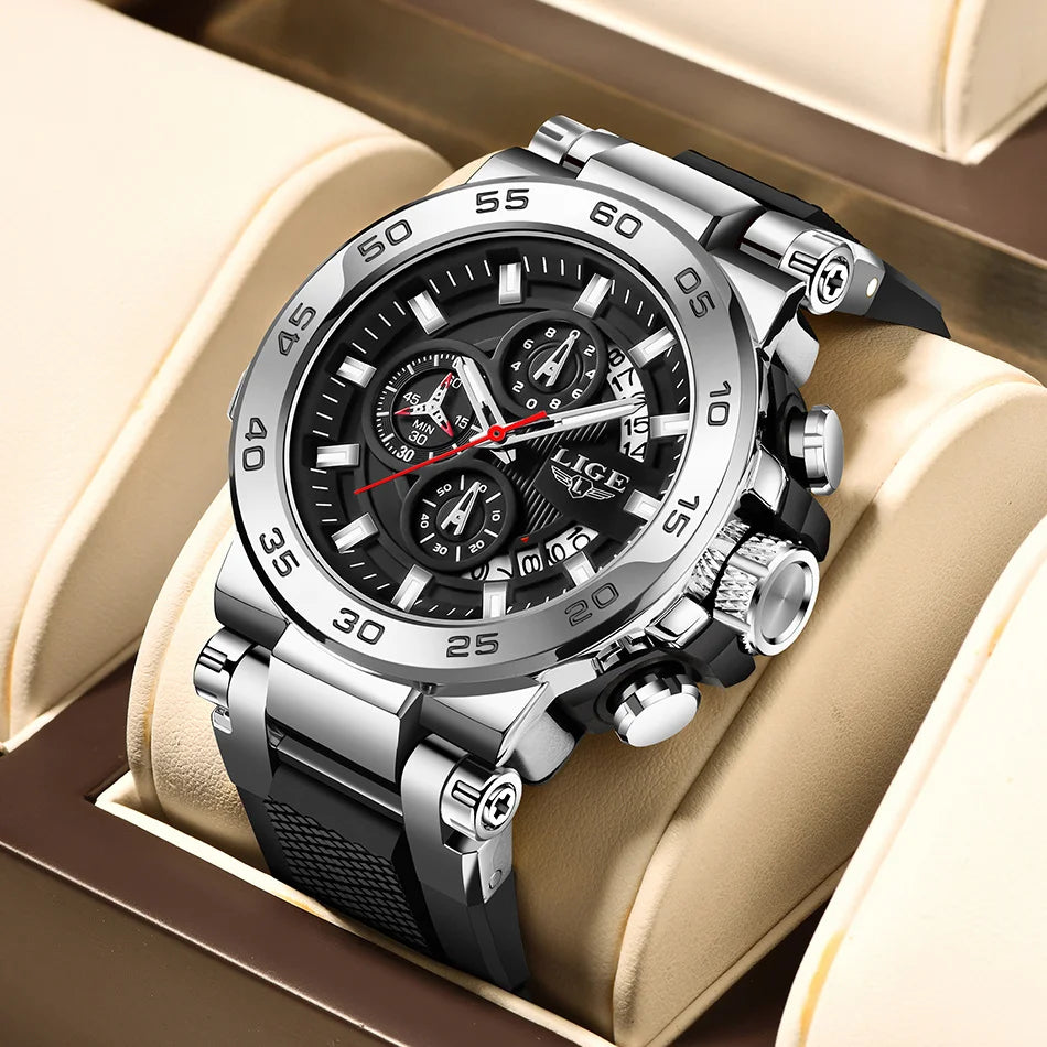 Reloj de lujo LIGE 2026 para hombre, reloj militar de cuarzo con correa de silicona, cronógrafo impermeable con calendario de marca superior