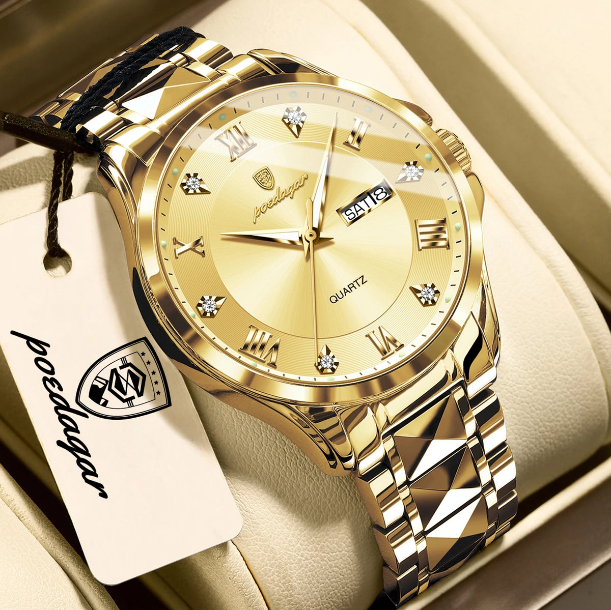 Reloj de pulsera para hombre de lujo POEDAGAR, resistente al agua, luminoso, con fecha y día, reloj de cuarzo de acero inoxidable para negocios, reloj para hombre.