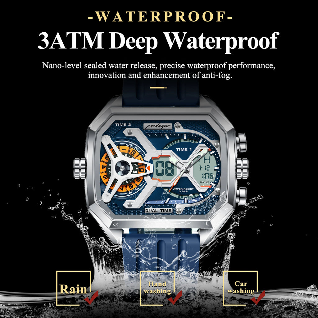 Reloj de pulsera deportivo de cuarzo para hombre POEDAGAR, moda, fecha, semana, luminoso, LED digital, reloj electrónico para hombre, hora dual, relojes casuales para hombre