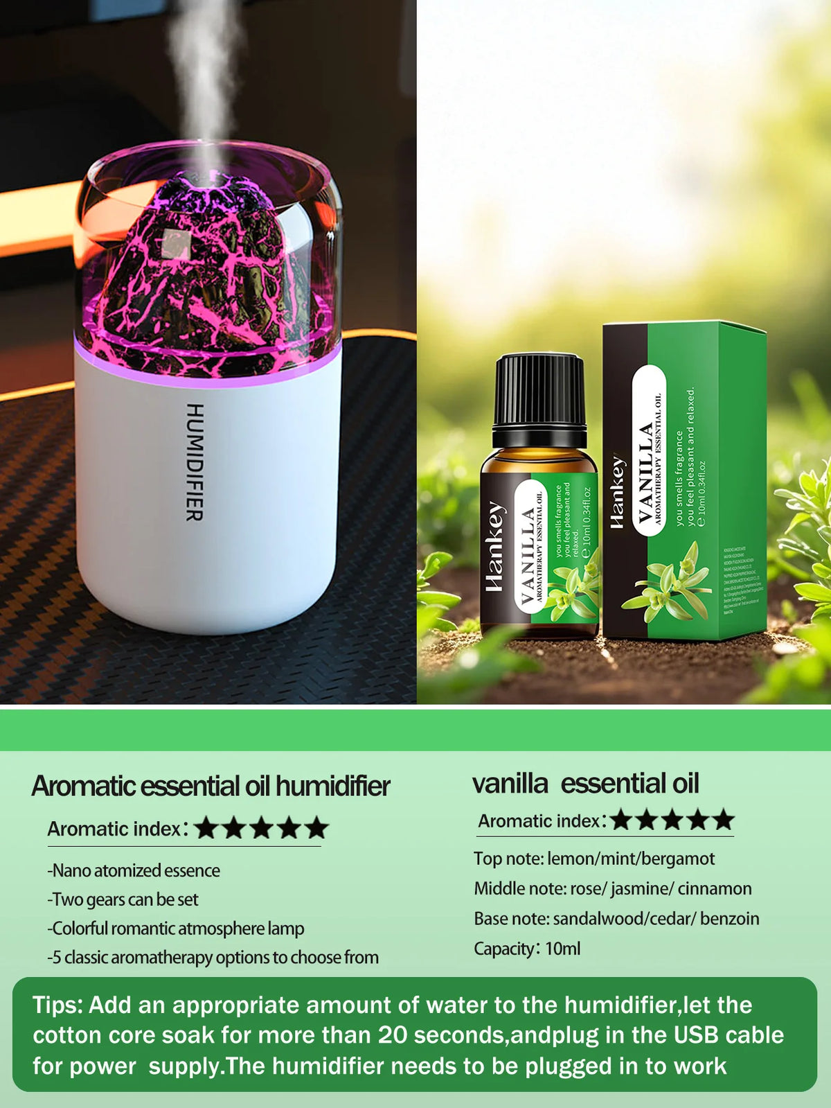 El difusor de aromaterapia USB humidificador con lámpara de color volcánico simulado es adecuado para usar en automóviles, hogares, dormitorios, como regalo,