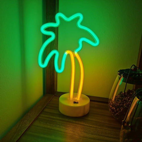 Letrero neón LED de palmera coco con base redonda, luz verde