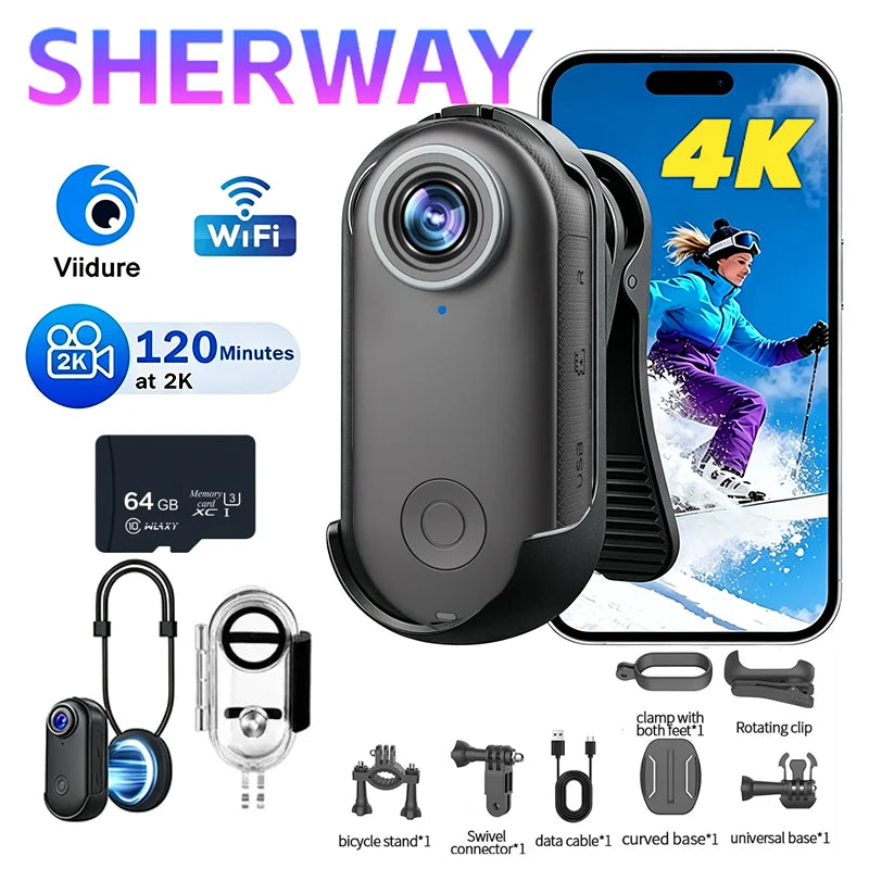 Mini Cámara WiFi HD 4K, Cámara de Acción Resistente al Agua, Cámara Corporal Magnética, Cámara de Bolsillo para Motocicleta, Cámara Deportiva para Exteriores, Vlog, Tarjeta de 64 GB