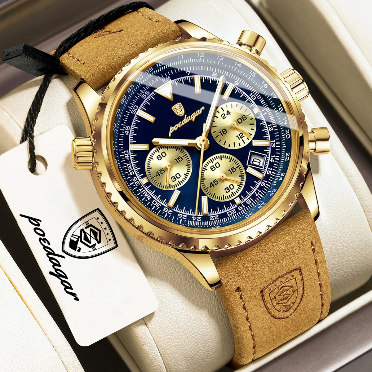 Reloj de cuarzo para hombre POEDAGAR, de negocios, resistente al agua, luminoso, con cronógrafo, fecha, correa de piel y diseño de moda