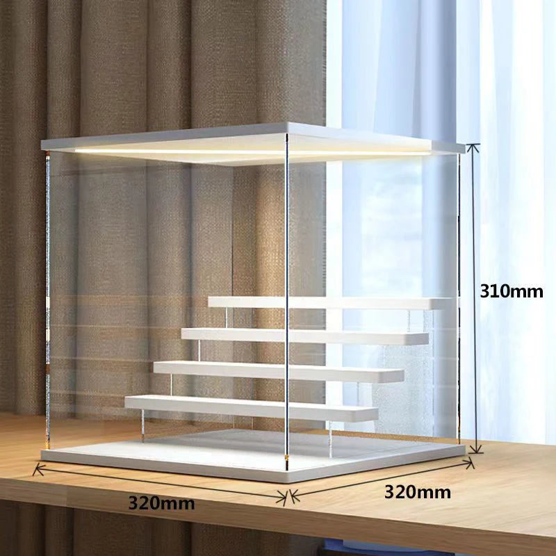 Vitrina de acrílico transparente para figuras con luces LED, caja de almacenamiento a prueba de polvo con escalones, expositor para juguetes y modelos de coches