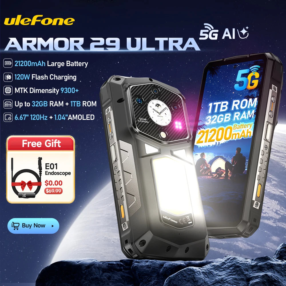 Estreno mundial del teléfono ultrarresistente Ulefone Armor 29 Ultra 5G con IA, doble pantalla, Dimensity 9300, 21200 mAh, 120 Hz, 1 TB de ROM, 64 MP, NFC, Android 15