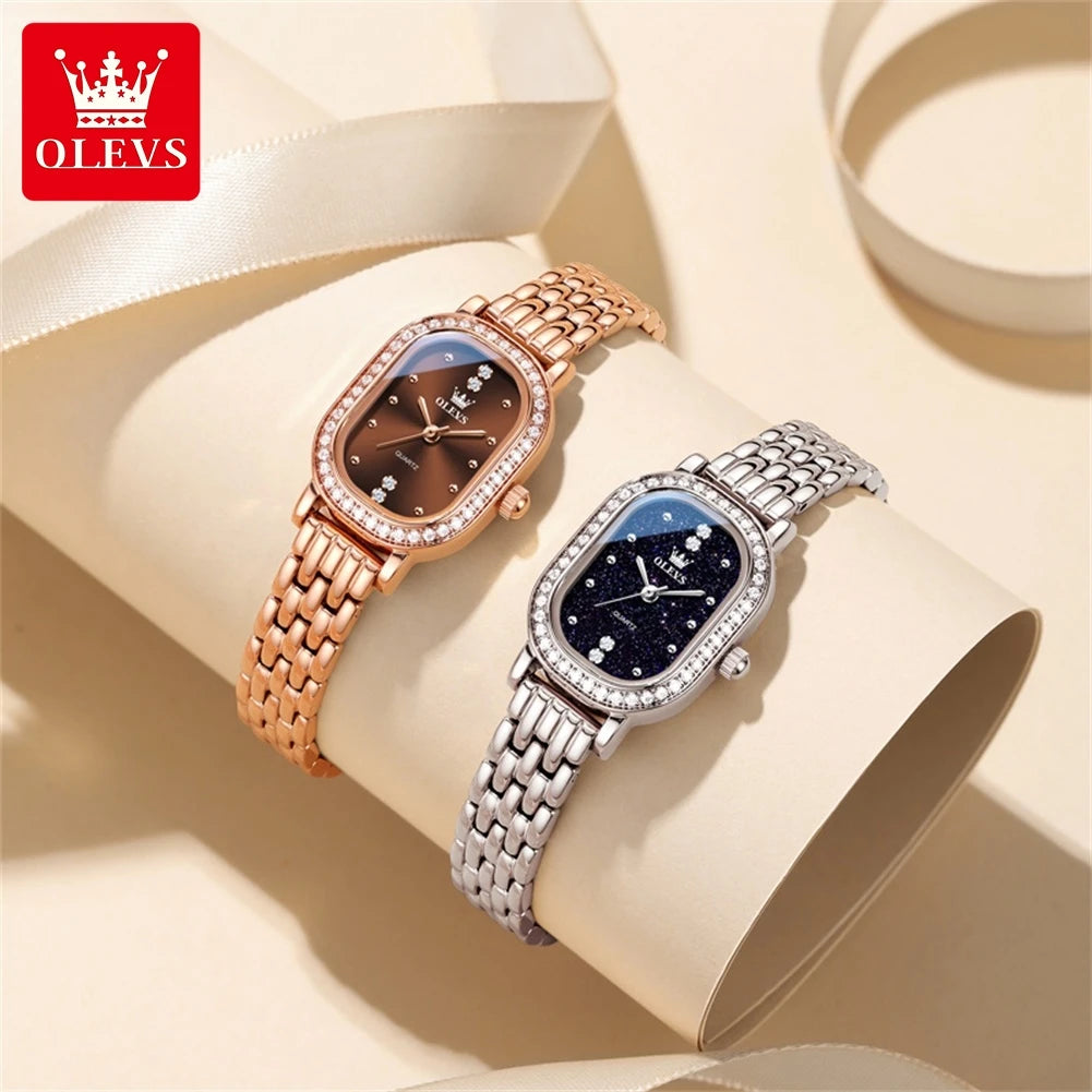 Reloj de pulsera para mujer OLEVS de lujo, diseño ovalado con bisel de cristal, cuarzo delgado, correa de piel y acero, elegante reloj multicolor 5697