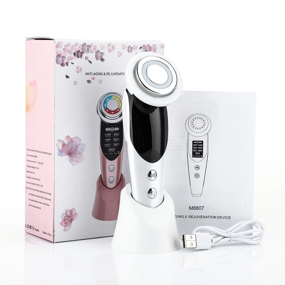 Dispositivo de Estiramiento Facial 7 en 1, microcorriente EMS, rejuvenecimiento de la piel, LED, masajeador reafirmante para el cuello, aparato de cuidado de belleza Facial