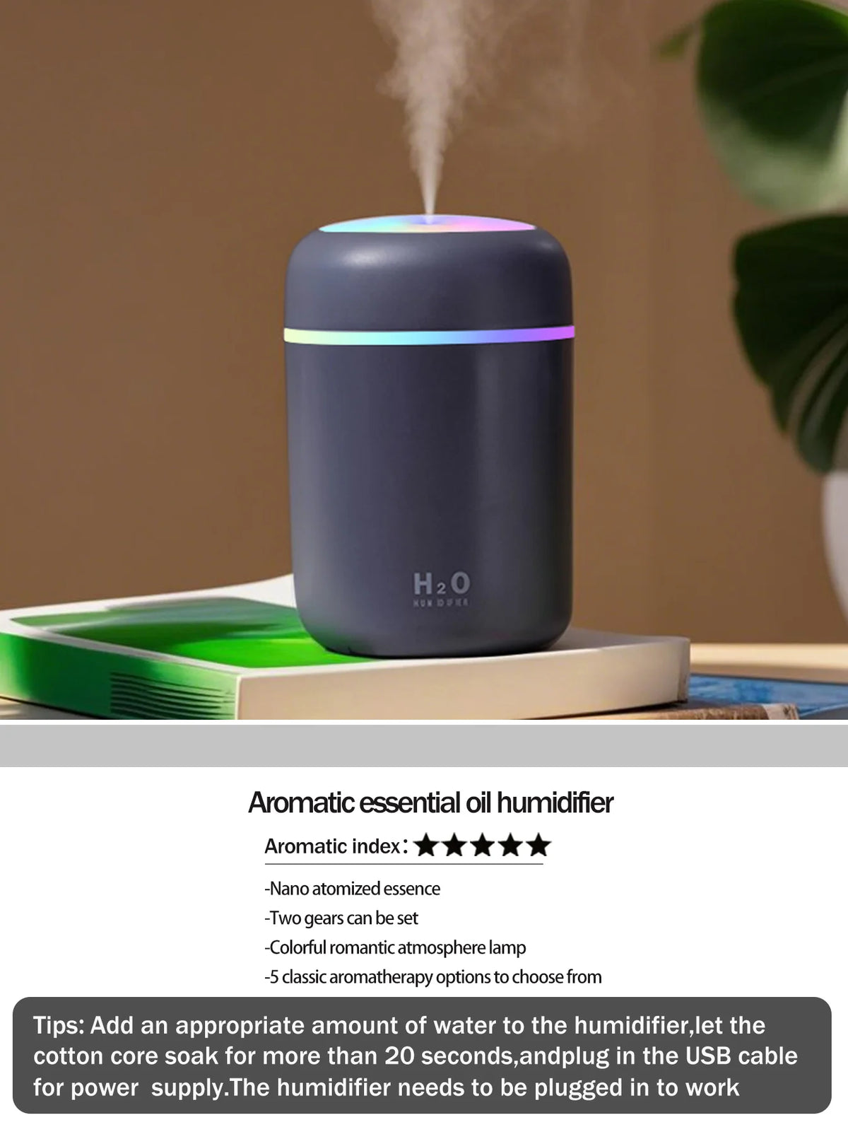 Difusor de aromaterapia de 300ml, humidificador, purificador de aire, uso doméstico en el coche, aceite esencial de aromaterapia con luz de siete colores