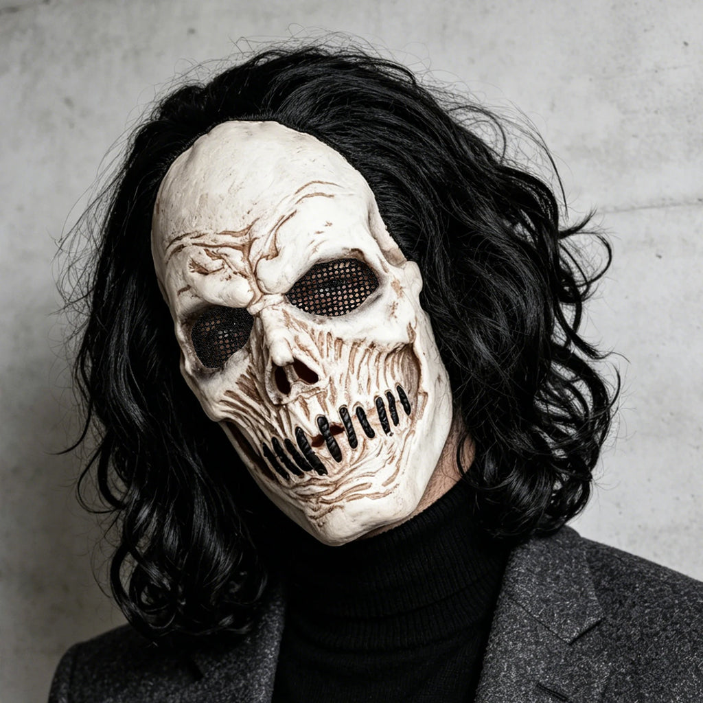 Máscara de Calavera de Pelo Largo Negro, Perfecta para Fiestas, Bromas de Halloween, Bailes de Máscaras y Fiestas de Carnaval, Hecha de Látex, Suave y Duradera