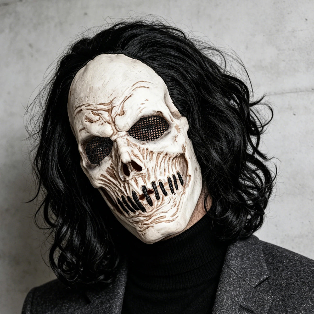 Máscara de Calavera de Pelo Largo Negro, Perfecta para Fiestas, Bromas de Halloween, Bailes de Máscaras y Fiestas de Carnaval, Hecha de Látex, Suave y Duradera