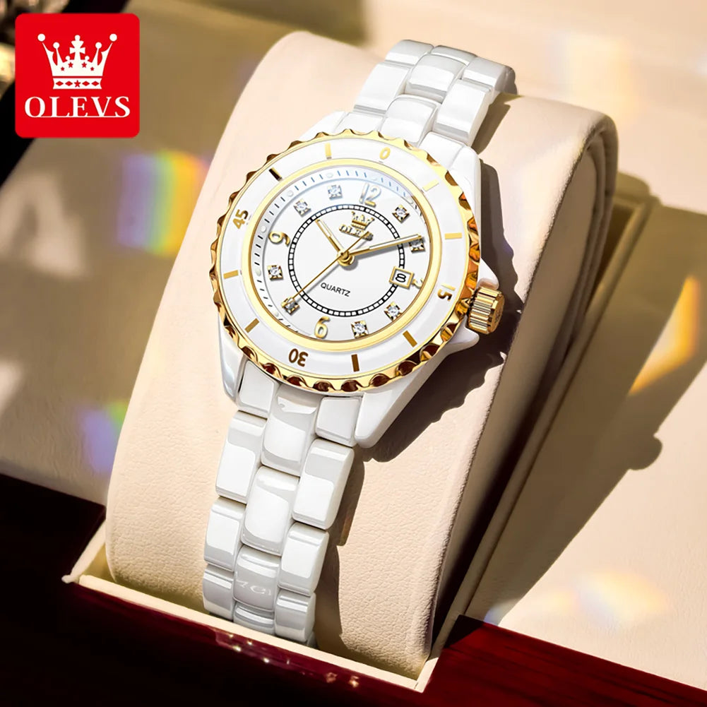 Relojes OLEVS 5658 de tendencia casual para mujer, correa de cerámica blanca pura, reloj de pulsera de cuarzo original de marca líder, resistente al agua, luminoso