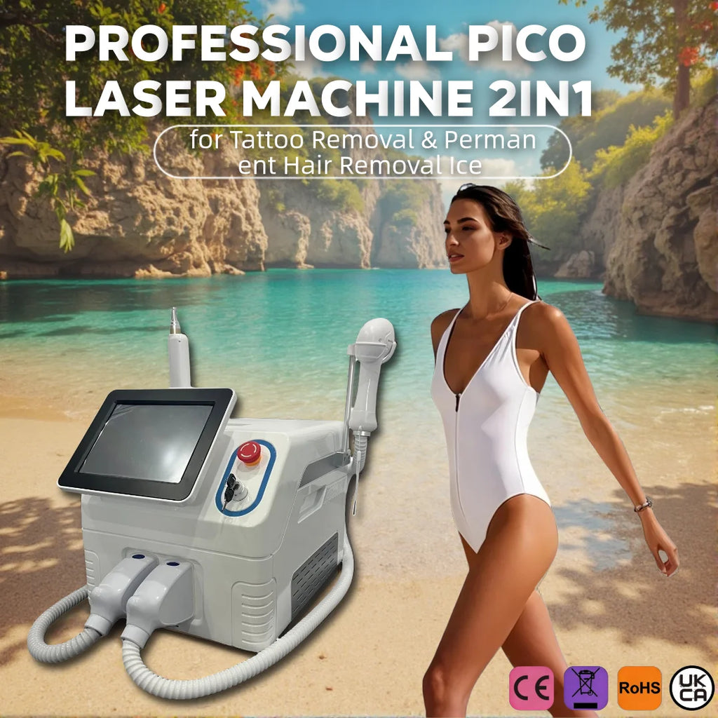 Máquina Láser Pico Profesional 2 en 1 para Eliminación de Tatuajes y Depilación Permanente con Sistema de Enfriamiento por Hielo