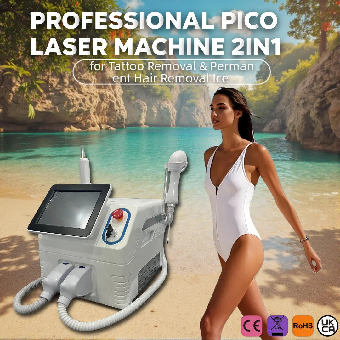 Máquina Láser Pico Profesional 2 en 1 para Eliminación de Tatuajes y Depilación Permanente con Sistema de Enfriamiento por Hielo