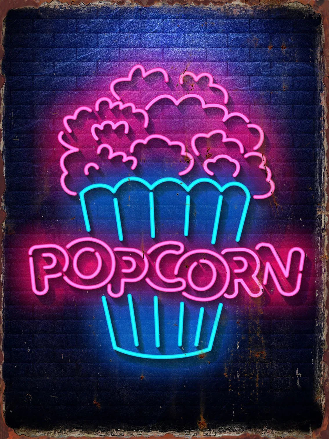 Cartel de hojalata con letrero neón de palomitas y texto “POPCORN”