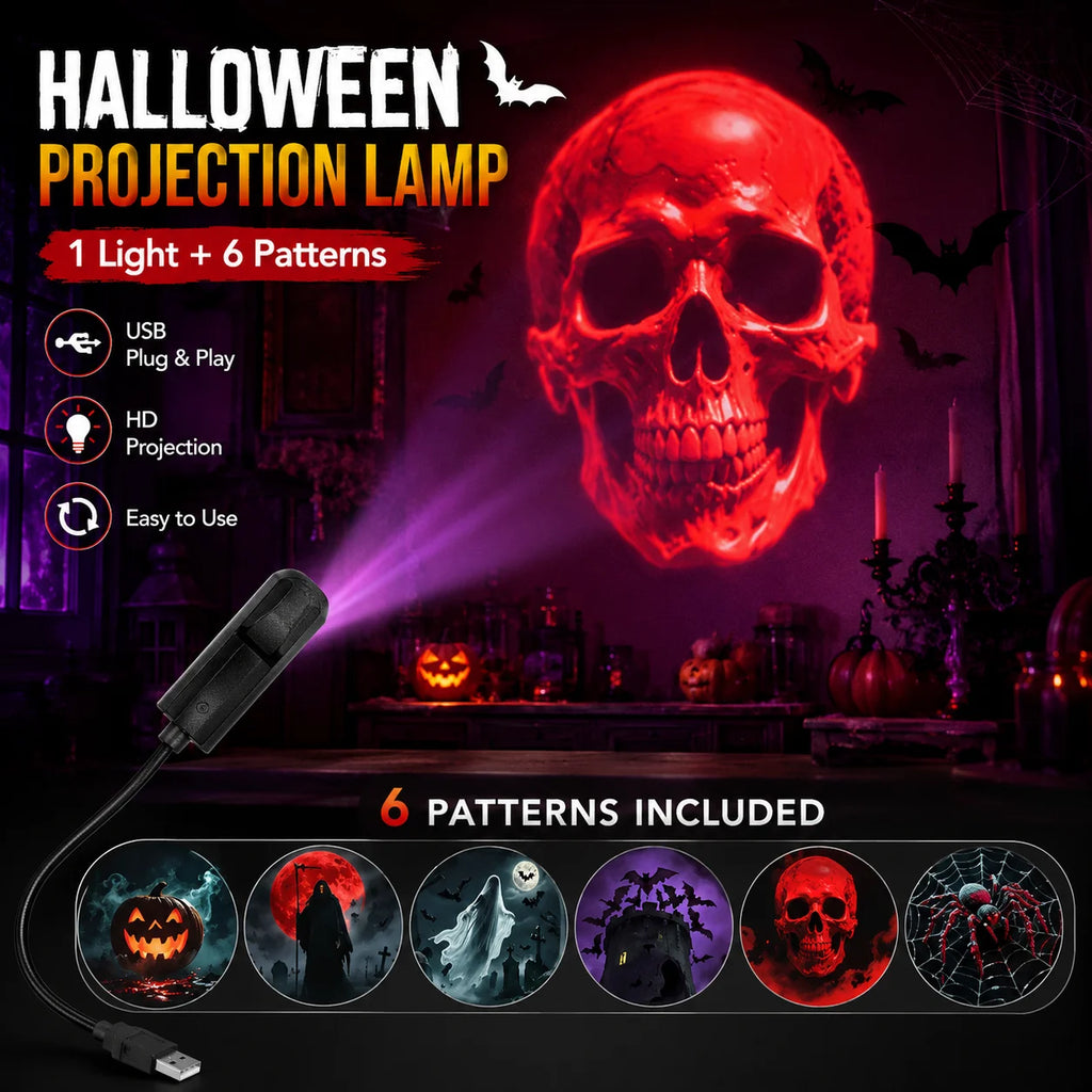 Halloween USB LED Projection Lamp with 6 Patterns Ghost Bat Skull Spider Projector Light for Party Room Window Decoration