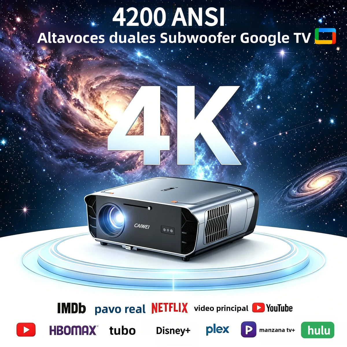 Proyector S7 4K Ultra 4200ANSI HD Android 14 Google TV para Cine en Casa, WiFi6, Enfoque Automático, Altavoces Dobles, Proyector de Películas para Día