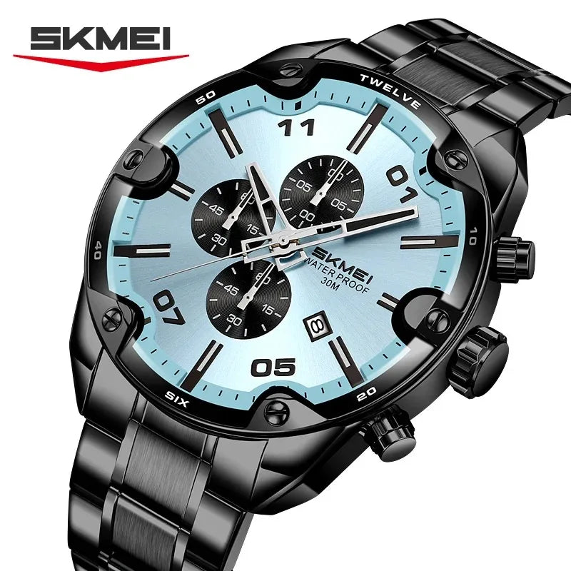 Reloj de lujo para hombre SKMEI 9387, reloj de pulsera de negocios, reloj de cuarzo casual a la moda, cronógrafo de acero inoxidable resistente al agua con fecha