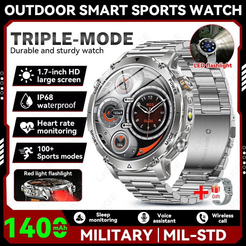Reloj inteligente militar LIGE TANK Ultra con batería de 1400mAh, resistente al agua 10ATM, frecuencia cardíaca, linterna, pulsera deportiva para hombre y mujer