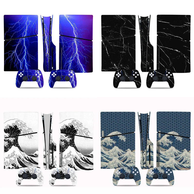 Skin con diseño de ondas para consola PS5 Slim edición disco y 2 mandos, adhesivo protector, pegatina removible para PS5 Slim edición disco