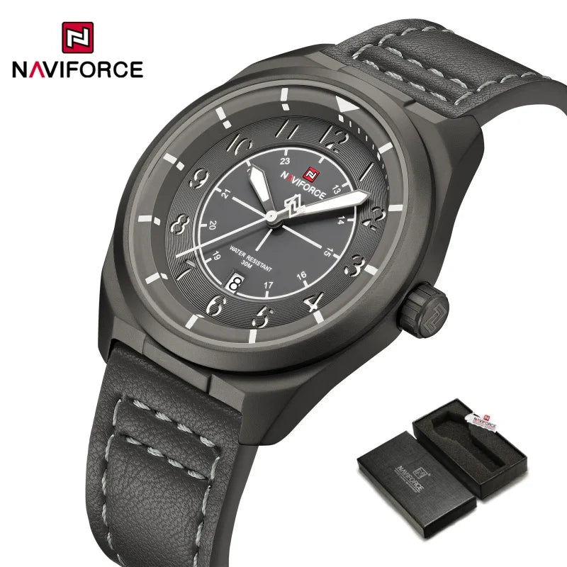 Reloj de pulsera NAVIFORCE para hombre, de cuarzo, elegante, con fecha automática, resistente al agua, de cuero genuino, para negocios, diseño único.