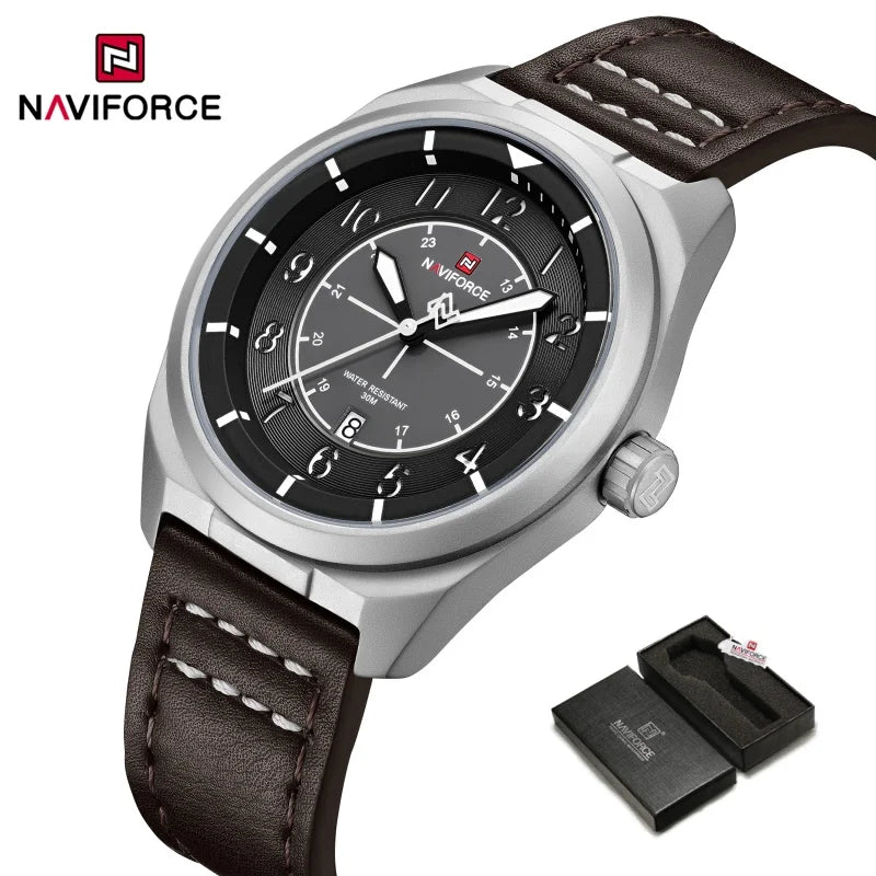Reloj de pulsera NAVIFORCE para hombre, de cuarzo, elegante, con fecha automática, resistente al agua, de cuero genuino, para negocios, diseño único.