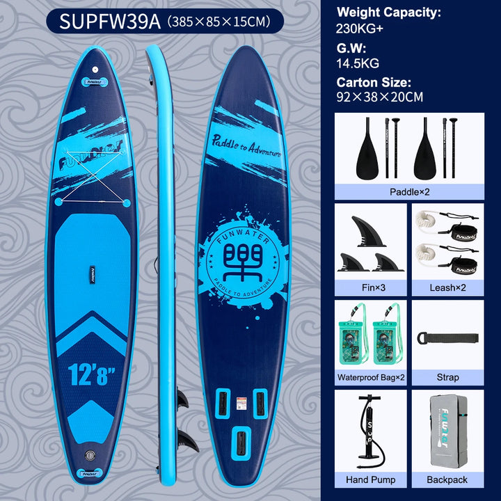 Tabla de paddle surf inflable Funwater (385x85x15 cm), capacidad de carga de 230 kg, superficie antideslizante, incluye 2 remos, 2 correas de seguridad, 2 bolsas impermeables, soporte para GoPro, bomba de aire y mochil